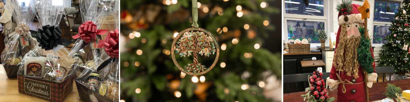 Gift baskets, Christmas tree ornament, and Holiday decorations on display.