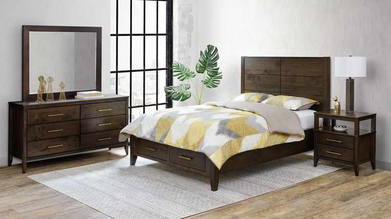 Manhattan Collection bedroom. Dresser with mirror, bed, modern design handcrafted Amish furniture.