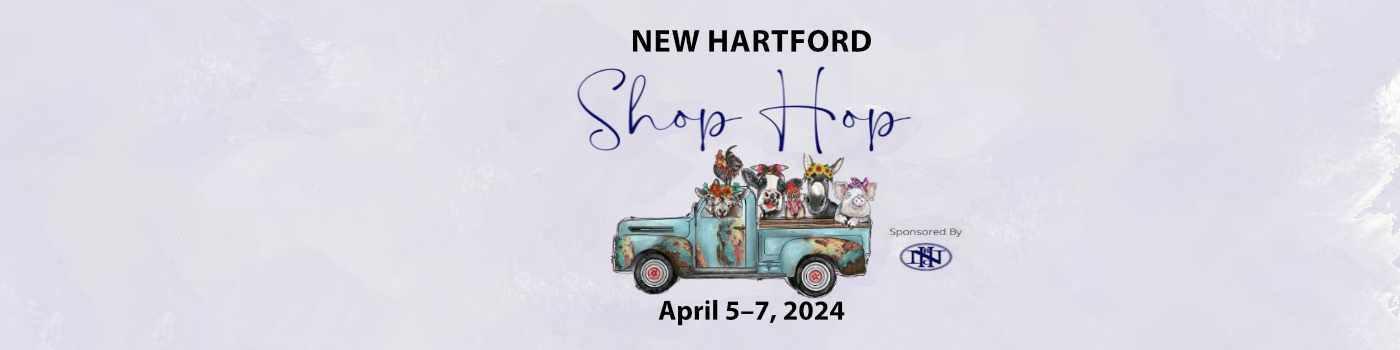 Lilac paint splashes with the words "Shop Hop."