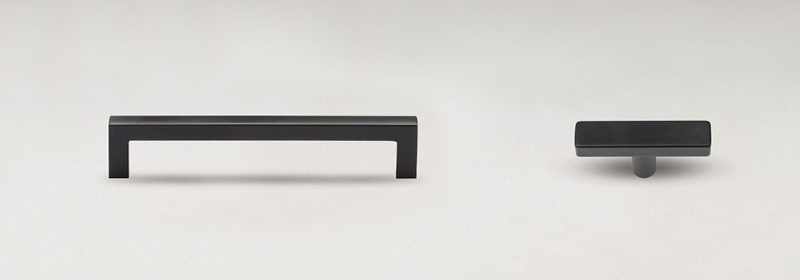 Black metal furniture pull and knob.