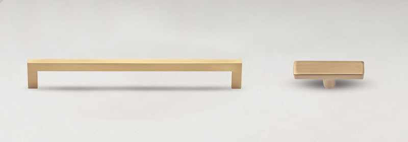 Satin bronze finish bar pull and rectangular knob.