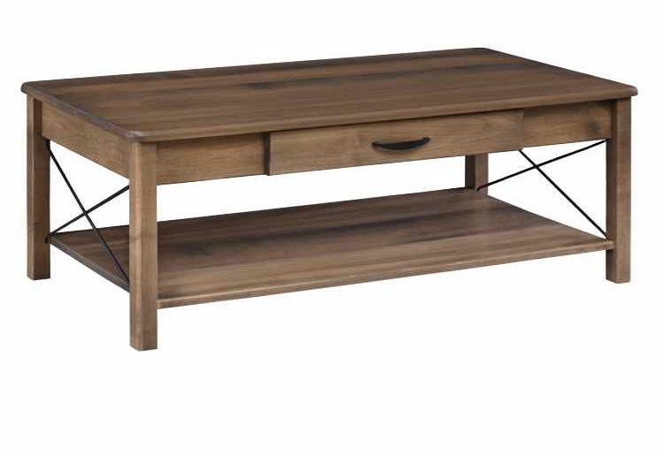 Over-sized coffee table with open bottom shelf and storage drawer.