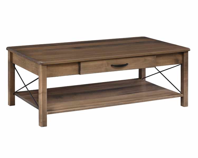 Over-sized coffee table with open bottom shelf and storage drawer.
