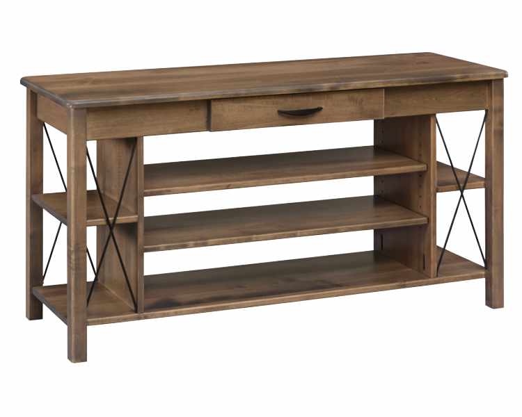 Large table with open shelving to hold TV, media devices, and gaming consoles.