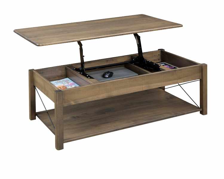 Lift-top coffee table with storage space and open bottom shelf.