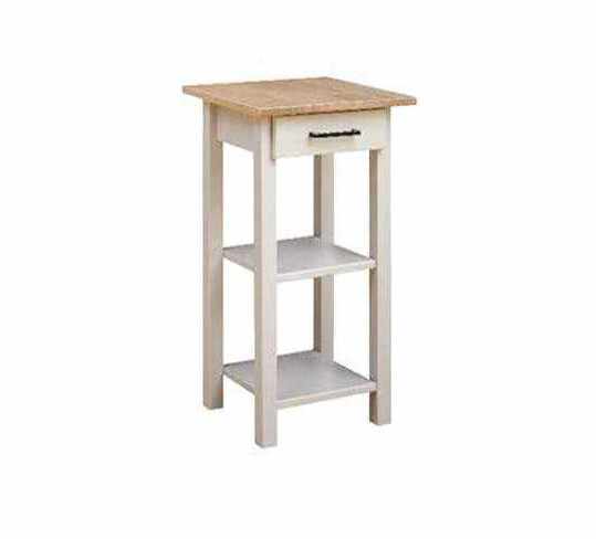 White side table with oak stained top, drawer and 2 open shelves.