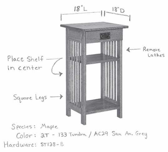 Drawing of side table with written customization instructions.