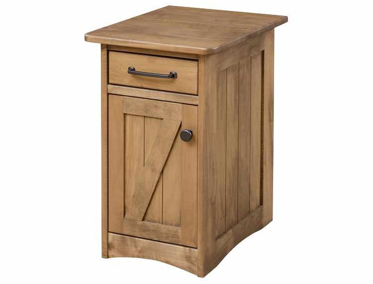 Tall chair side table with 1 drawer and 1 door.