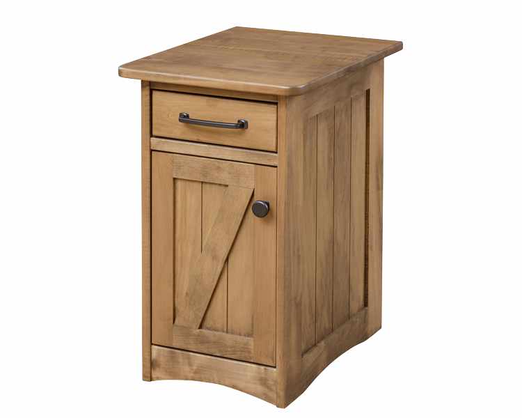 Tall chair side table with 1 drawer and 1 door.