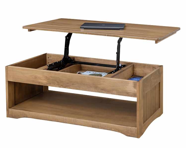 Lift-top coffee table with storage space and open bottom shelf.