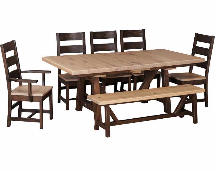 Dining room table with 5 chairs and bench.