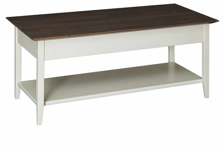 Living room coffee table with open shelf on bottom.