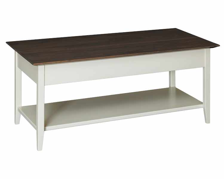Living room coffee table with open shelf on bottom.