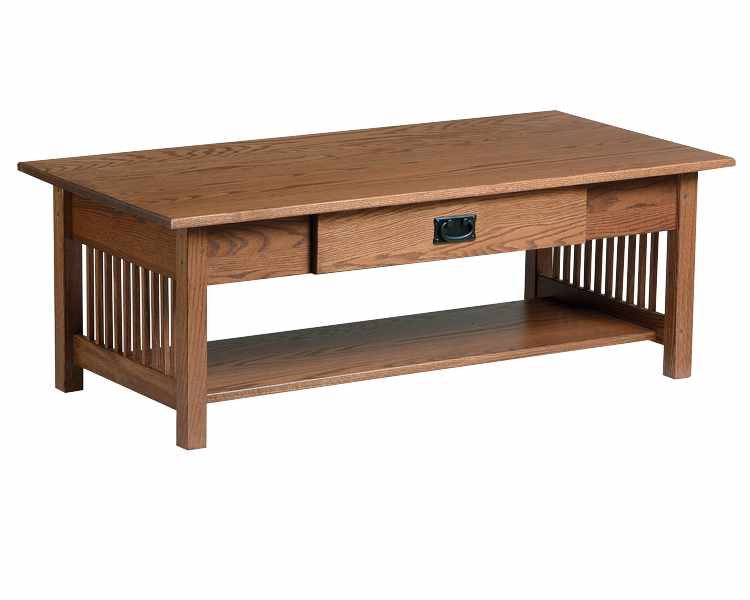 Large coffee table with drawer and open bottom shelf.