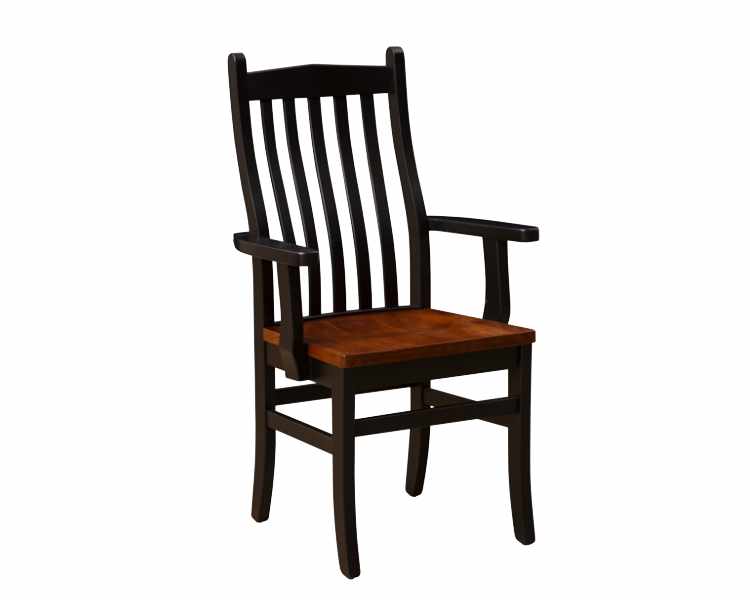 Dark wood stain finish arm chair.