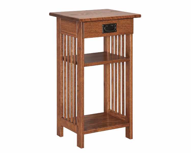 Phone stand with 2 open shelves and top drawer.