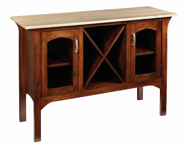 Dining room server with 2 doors and wine racks.