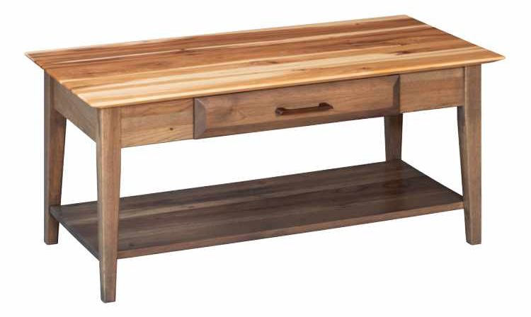 Rectangular coffee table with drawer and open shelf on bottom.