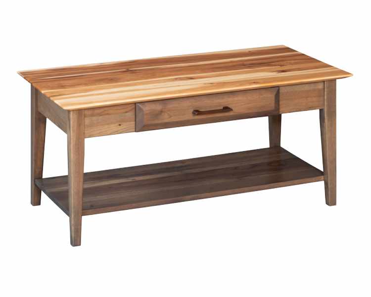 Rectangular coffee table with drawer and open shelf on bottom.