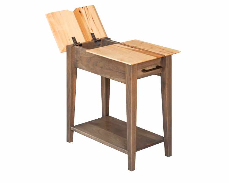Chair side table with lift-top.