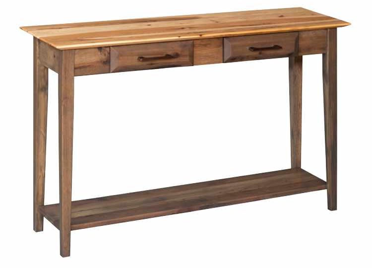 Tall sofa table with 2 drawers and open bottom shelf.