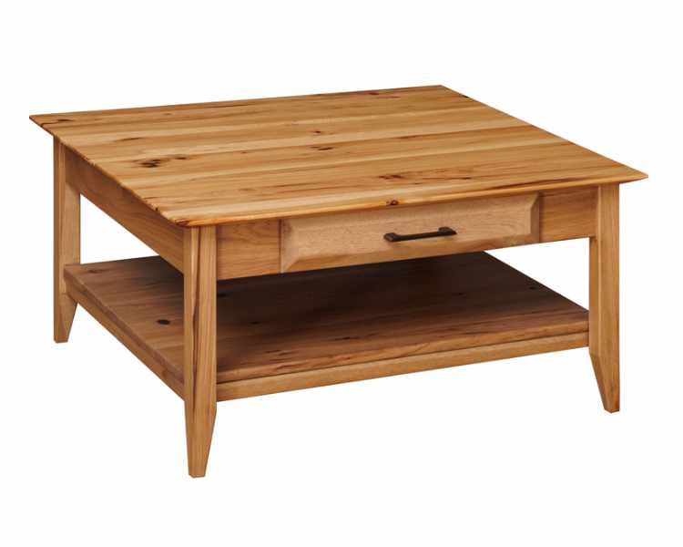 Square coffee table with drawer and open bottom shelf.