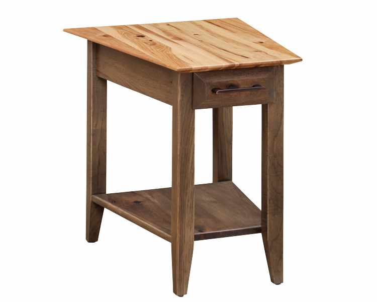 Wedge-shaped end table with drawer and open bottom shelf.