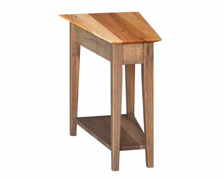 Wedge-shaped end table for small spaces.