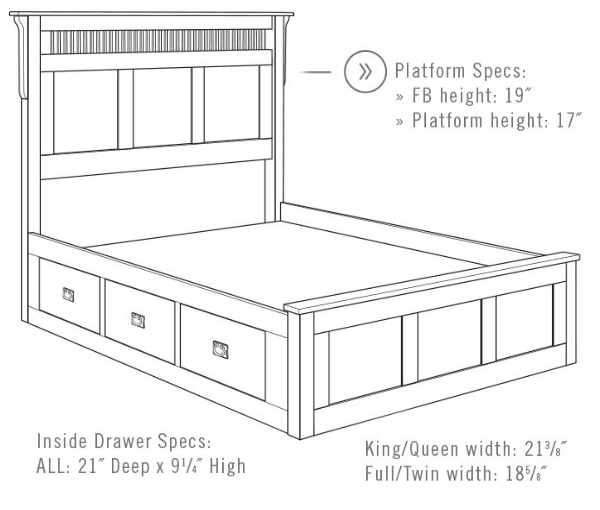 Illustration of bed frame with 6 drawers.