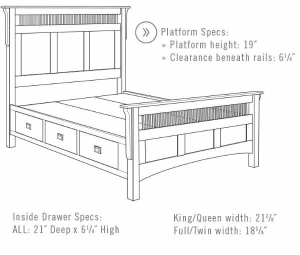Illustration of raised bed fram with 6 drawers.