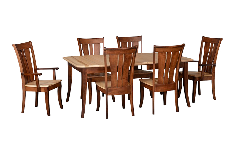 Dining room table with 4 side and 2 arm chairs.