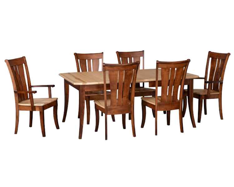 Dining table with 4 side and 2 arm chairs.