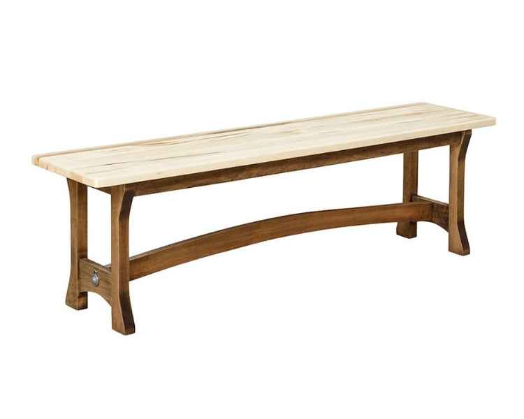 Solid wood bench with curved crossbar at bottom.