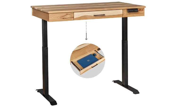Electric lift desk for standing or sitting positions, optional power ports.