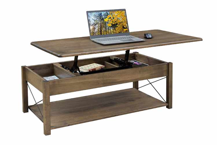 Open view of lift-top coffee table with lapt top.