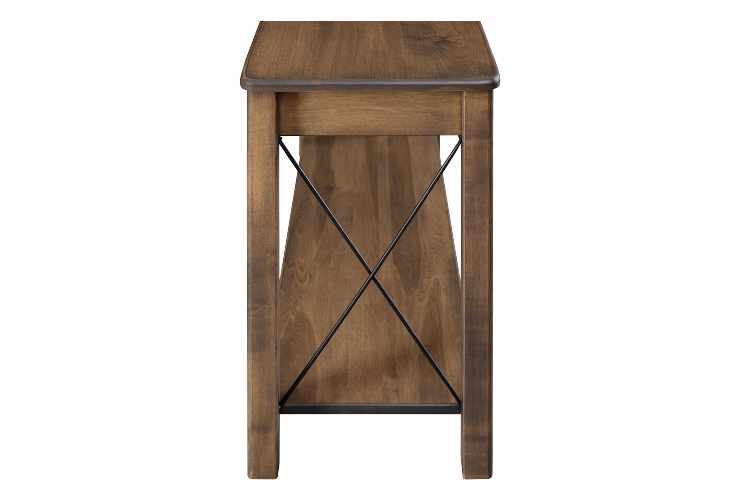 Side view of sofa table with metal crossbar.