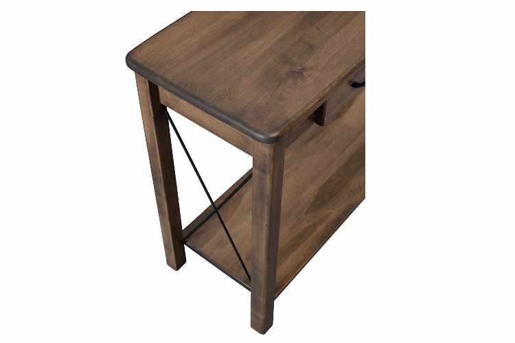 Curved top detail view of sofa table.