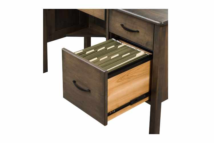 Desk with open file drawer.