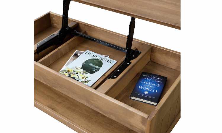 Coffee table showing storage area below lift-top.