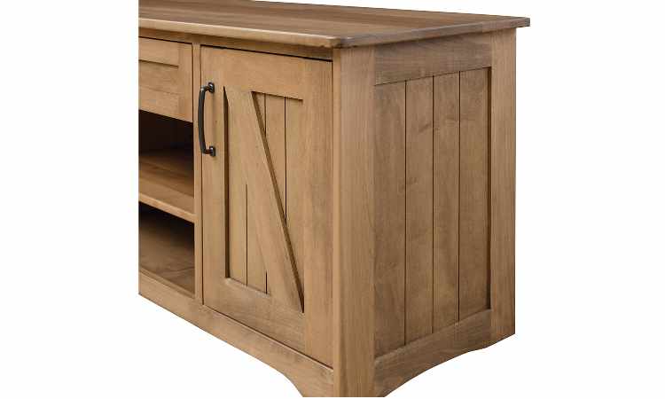 Side panel detail view of 60 inch entertainment center in maple finish.