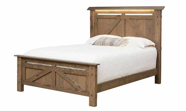 Queen size bed headboard with built-in light option, lights are on.