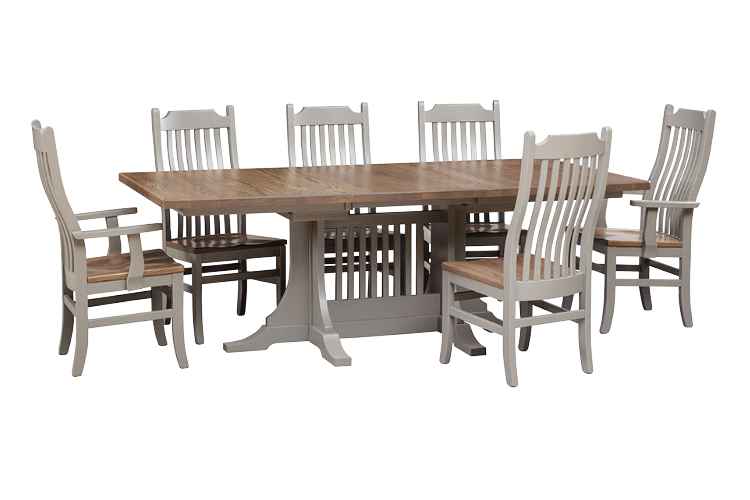 Dining table extended with 4 side and 2 arm chairs.