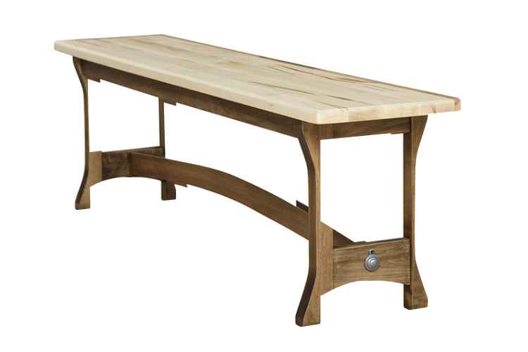 Side view of solid wood bench with curved bottom cross bar.