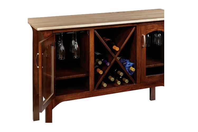 View of wine glasses behind open door of wine server.