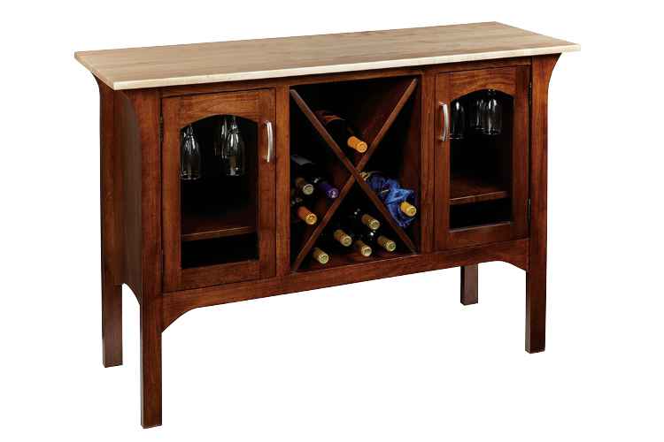 Detail view of wine server filled with wine bottles and glasses.