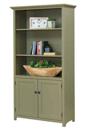 Tall bookcase with crown molding 3 open shelves and wood doors on bottom.