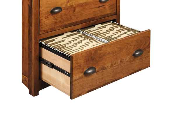 Closeup of open file drawer with files.