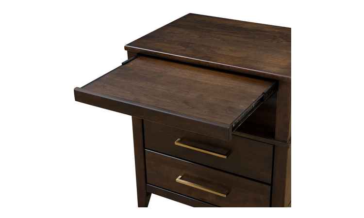 Closeup of open pull-out tray, nightstand is in dark wood finish.