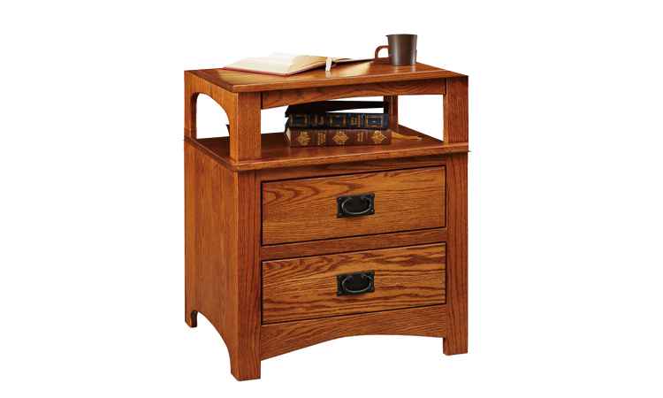 Nightstand shown with books on top of slide-out tray.