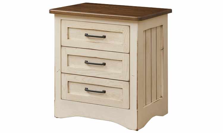 3-drawer nightstand with Rub-through finish, dark wood top.